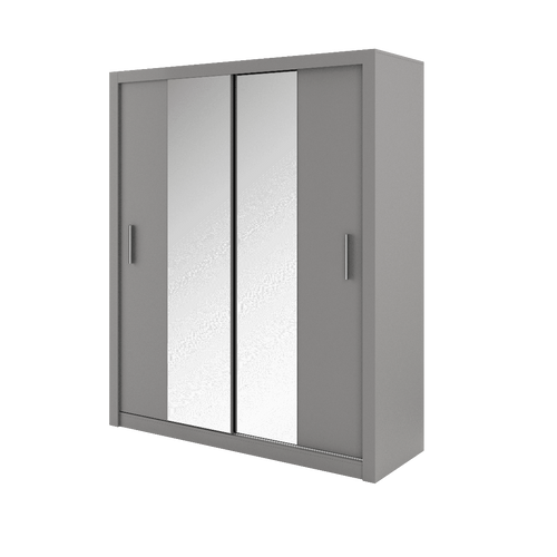 Gray wardrobe with sliding mirror doors on a white background