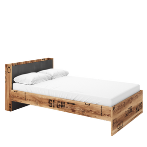 Wooden bed with white mattress and pillows on a white background