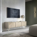Modern living room with a television mounted on the wall above a wooden sideboard.