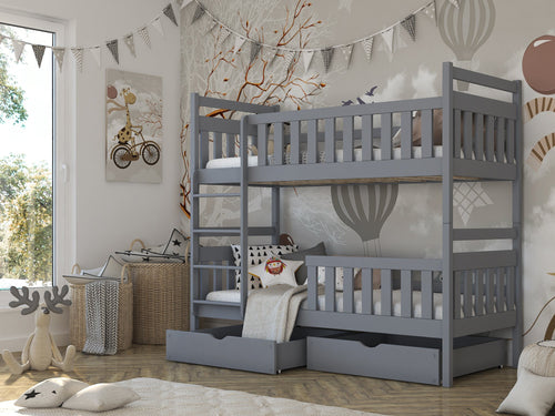 Gray bunk bed in a child's bedroom with decorative elements and furniture.