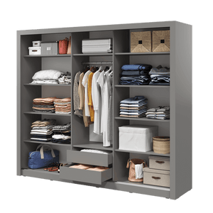 Gray wardrobe with clothes, bags, and storage boxes on a white background