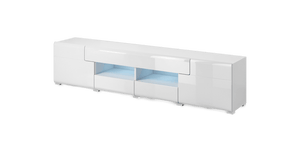White TV stand with glass panels on a transparent background