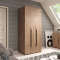 Wooden wardrobe in a room with gray walls and a skylight.