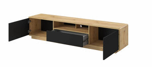 Wooden TV stand with black doors on a white background