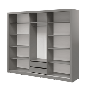 Gray wardrobe with shelves and drawers on a transparent background