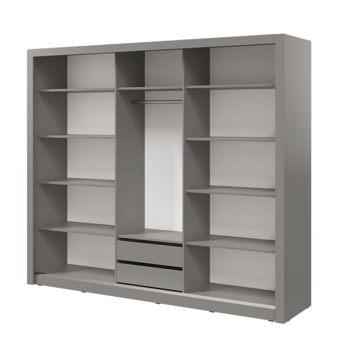 Gray wardrobe with shelves and drawers on a transparent background