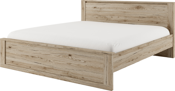 Wooden bed frame with white mattress on a white background