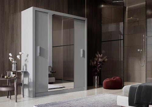 Modern wardrobe with sliding doors in a stylish room setting.