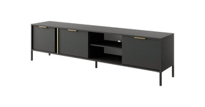 Black TV stand with gold handles on a white background