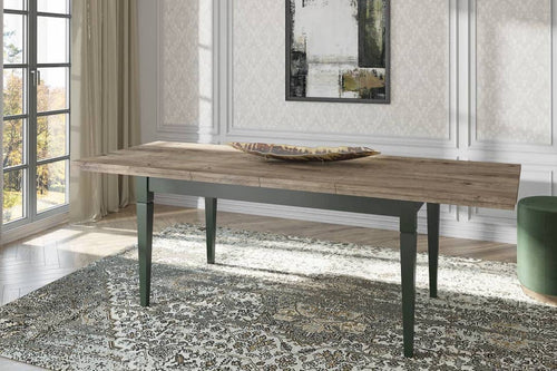 Long wooden dining table with green legs in a room with large windows and a rug.