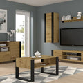 Modern living room with wooden furniture, TV, and decor.