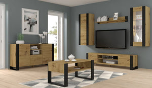 Modern living room with wooden furniture, TV, and decor.