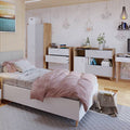 Modern bedroom with furniture including a bed, desk, and shelves.