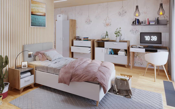 Modern bedroom with furniture including a bed, desk, and shelves.
