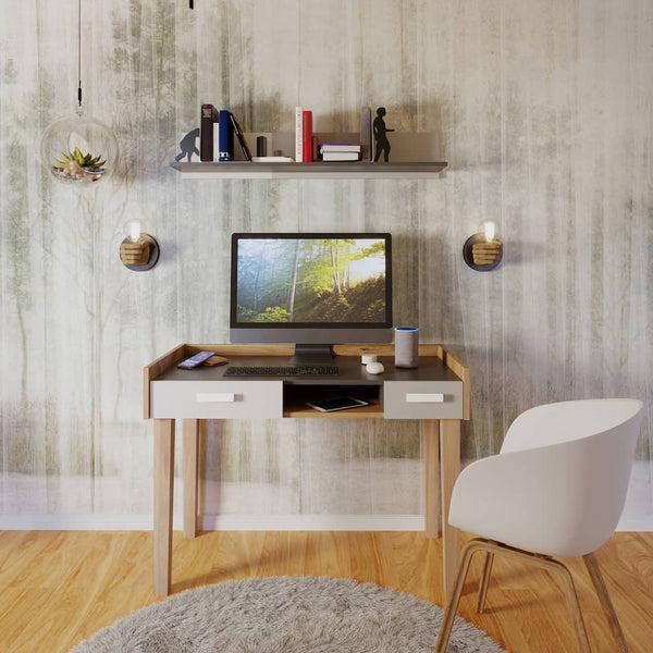 Modern home office with a desk, chair, and computer setup against a textured wall.