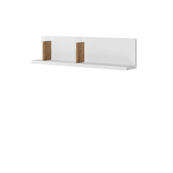 White shelf with wooden brackets on a white background