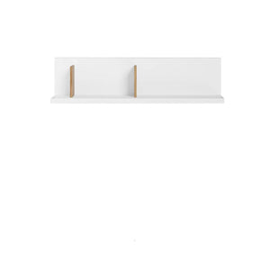 White wall-mounted shelf with gold brackets on a white background