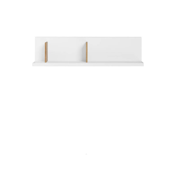 White wall-mounted shelf with gold brackets on a white background
