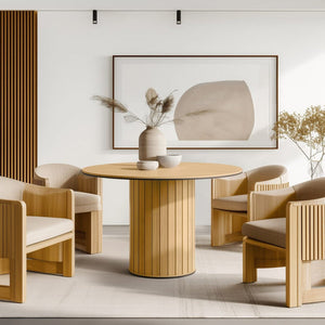 Modern living room with wooden furniture and decorative elements.