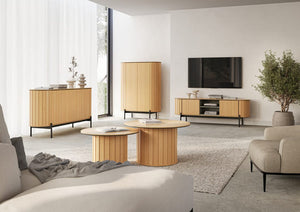 Modern living room with wooden furniture and decor