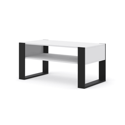 White coffee table with black legs on a white background