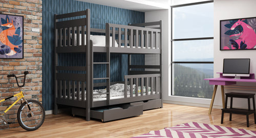 Bunk bed in a room with a bicycle, desk, and artworks on the wall.
