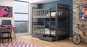 Bunk bed in a room with a desk, bicycle, and colorful wall art.