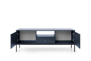 Navy blue TV stand with open doors on a white background