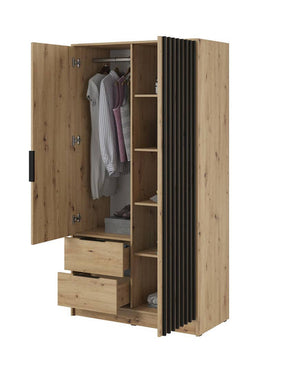 Wooden wardrobe with open doors showing clothes and shelves on a white background