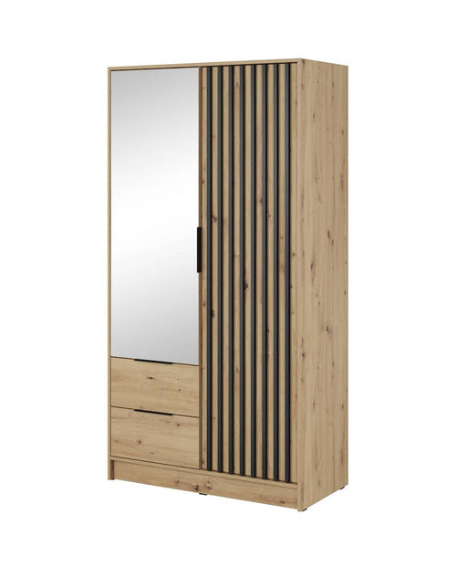 Wooden wardrobe with mirror and drawers on a white background