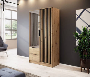 Wooden wardrobe with mirror in a modern room setting