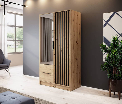 Wooden wardrobe with mirror in a modern room setting