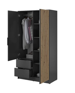 Black wardrobe with open doors revealing clothes and shelves on a white background