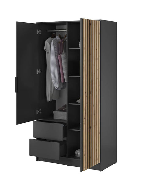 Black wardrobe with open doors revealing clothes and shelves on a white background