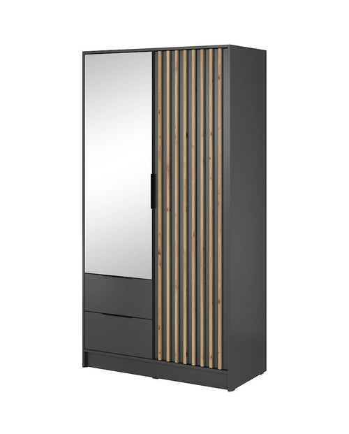 Black wardrobe with mirror and wooden slat design on a white background
