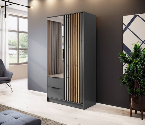 Modern wardrobe with mirror in a room with a window, plant, and gray chair.