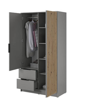 Gray wardrobe with open doors showing clothes and shelves on a white background