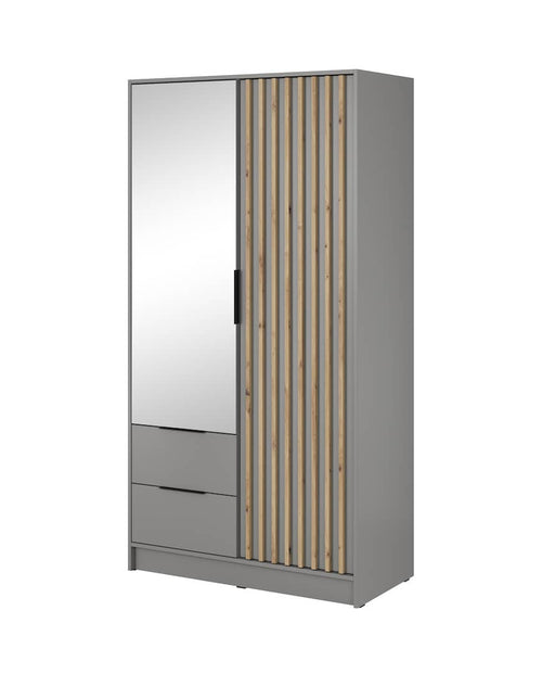 Gray wardrobe with a mirror and wooden panel design on a white background