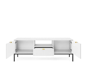 White storage unit with open doors on a white background