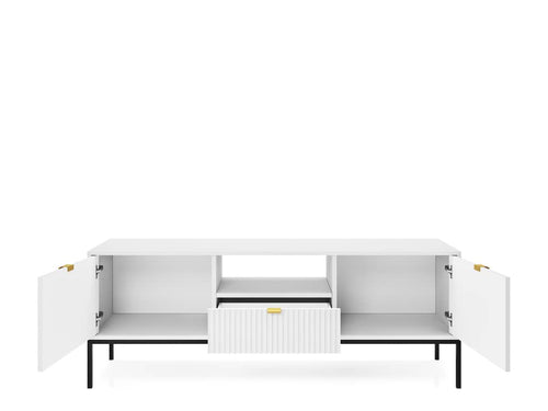 White storage unit with open doors on a white background