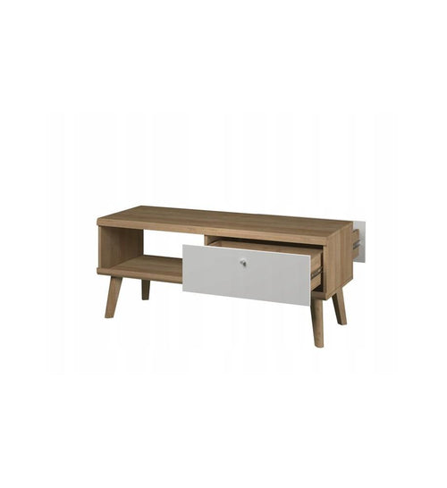 Wooden TV stand with a white drawer on a white background