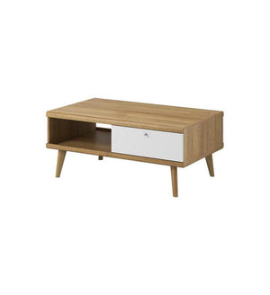 Wooden coffee table with a white drawer on a white background