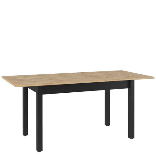 Rectangular table with wooden top and black legs on a white background