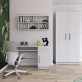 Modern home office with white desk, chair, and shelves.