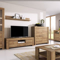 Wooden furniture set including a TV stand, shelves, and cabinets in a living room setting.