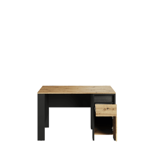 Wooden desk with black legs on a transparent background
