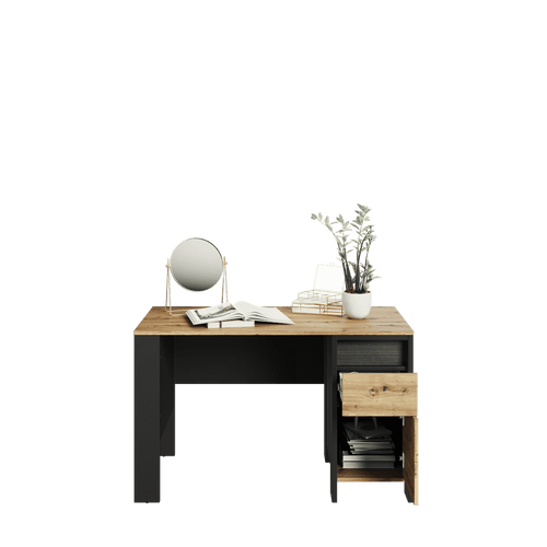 Wooden desk with black metal legs, drawers, and office items on a transparent background
