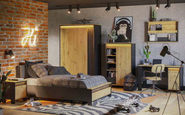 Modern bedroom with wooden furniture, brick wall, and decorative elements.
