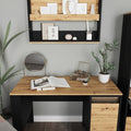 Wooden desk with shelves and decorative items in a room setting
