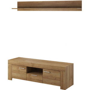 Wooden TV stand with two drawers and a shelf on a white background